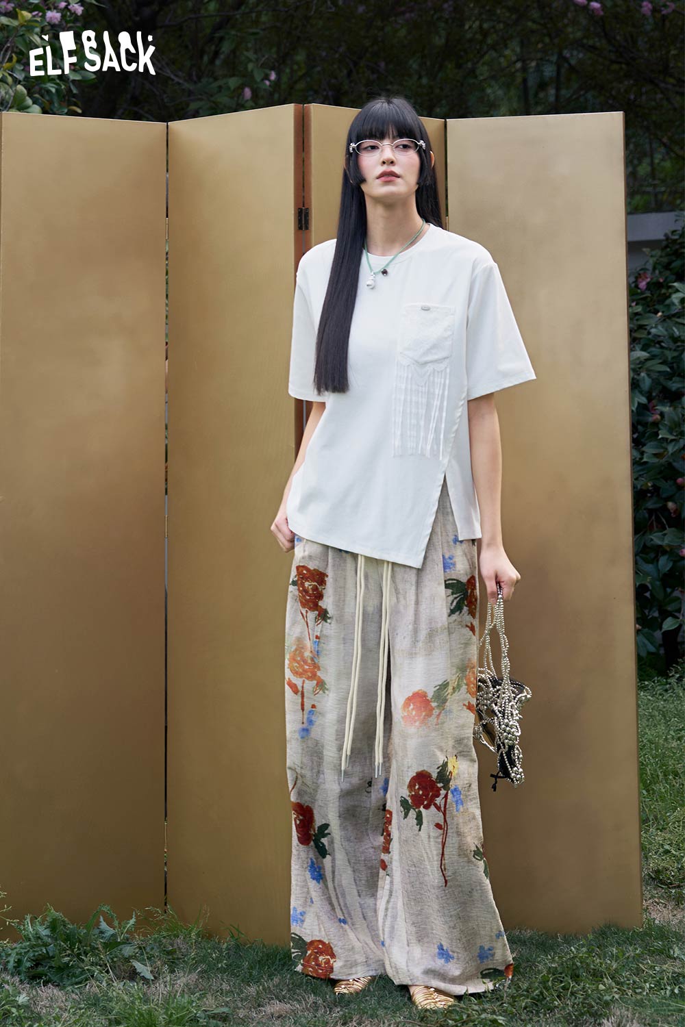ELFSACK Floral Print Straight Leg Woven Pants