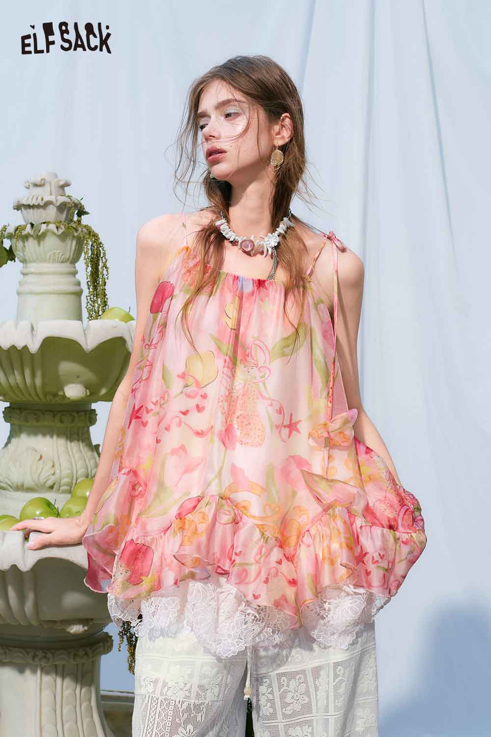 ELFSACK Floral Print Tiered Lace Chiffon Cami Top