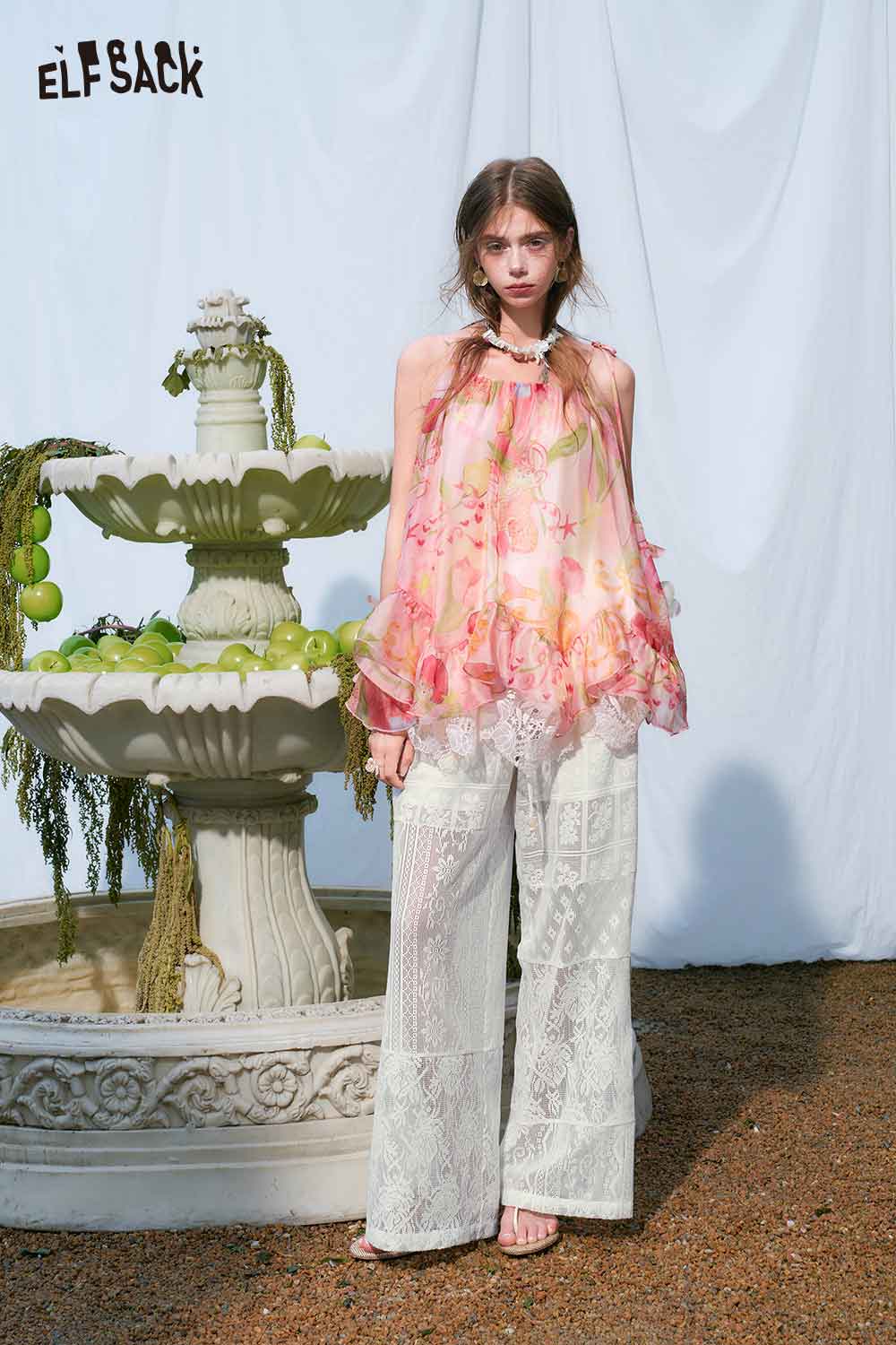 ELFSACK Floral Print Tiered Lace Chiffon Cami Top