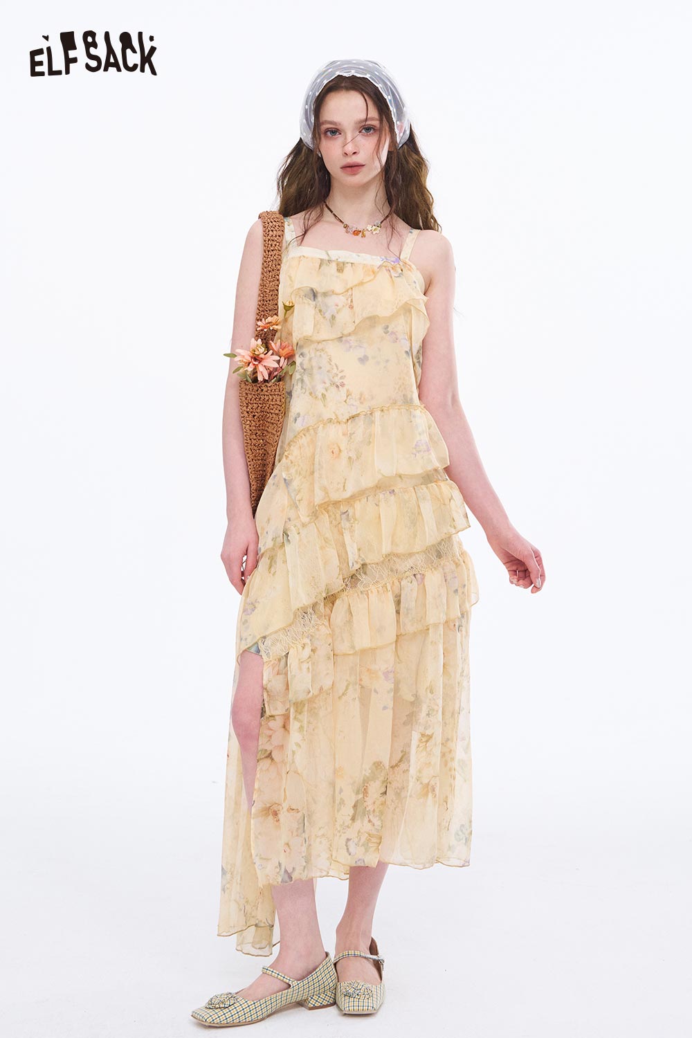 ELFSACK Floral Print Tiered Slip Dress