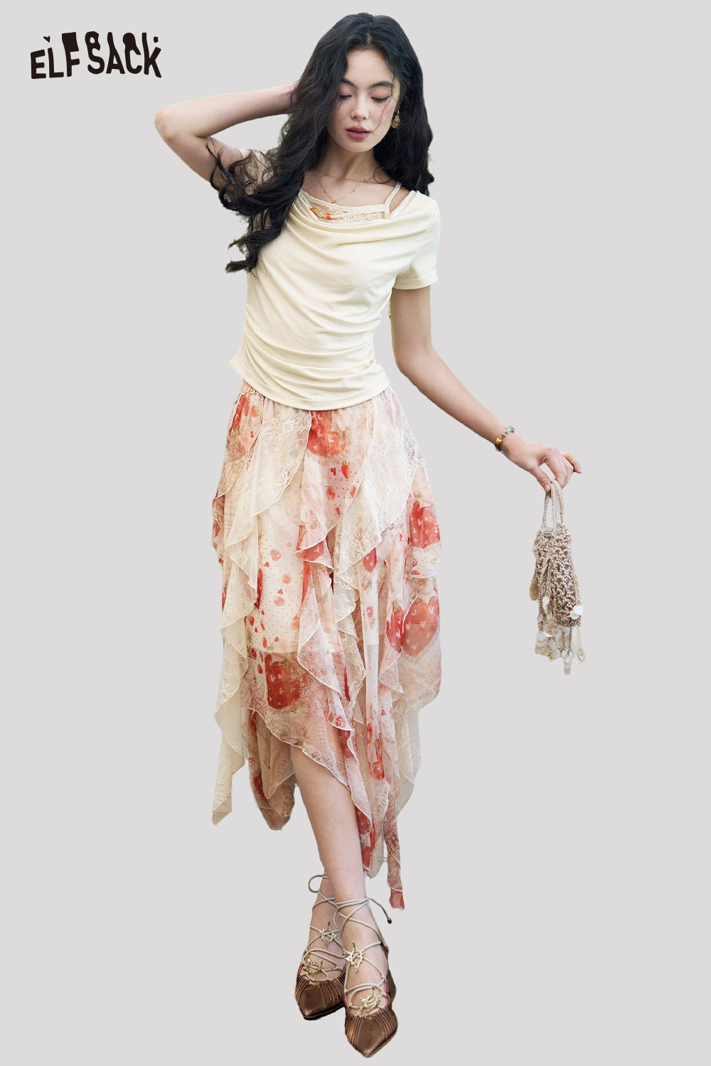 ELFSACK Floral Ruffle Lace Asymmetrical Maxi Skirt