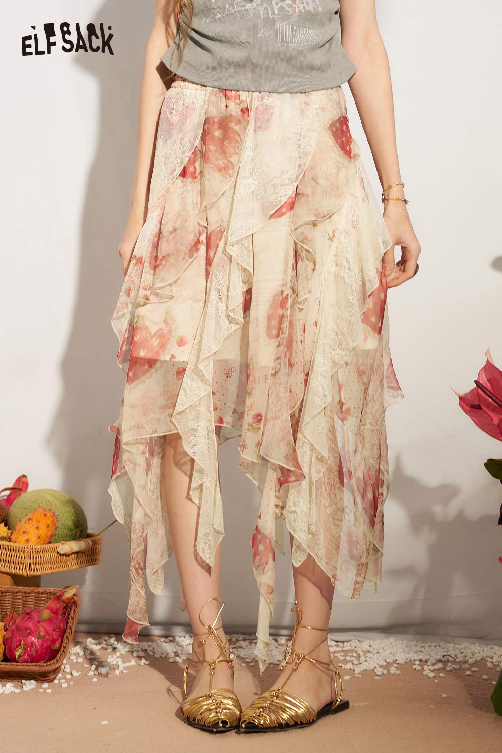ELFSACK Floral Ruffle Lace Asymmetrical Maxi Skirt
