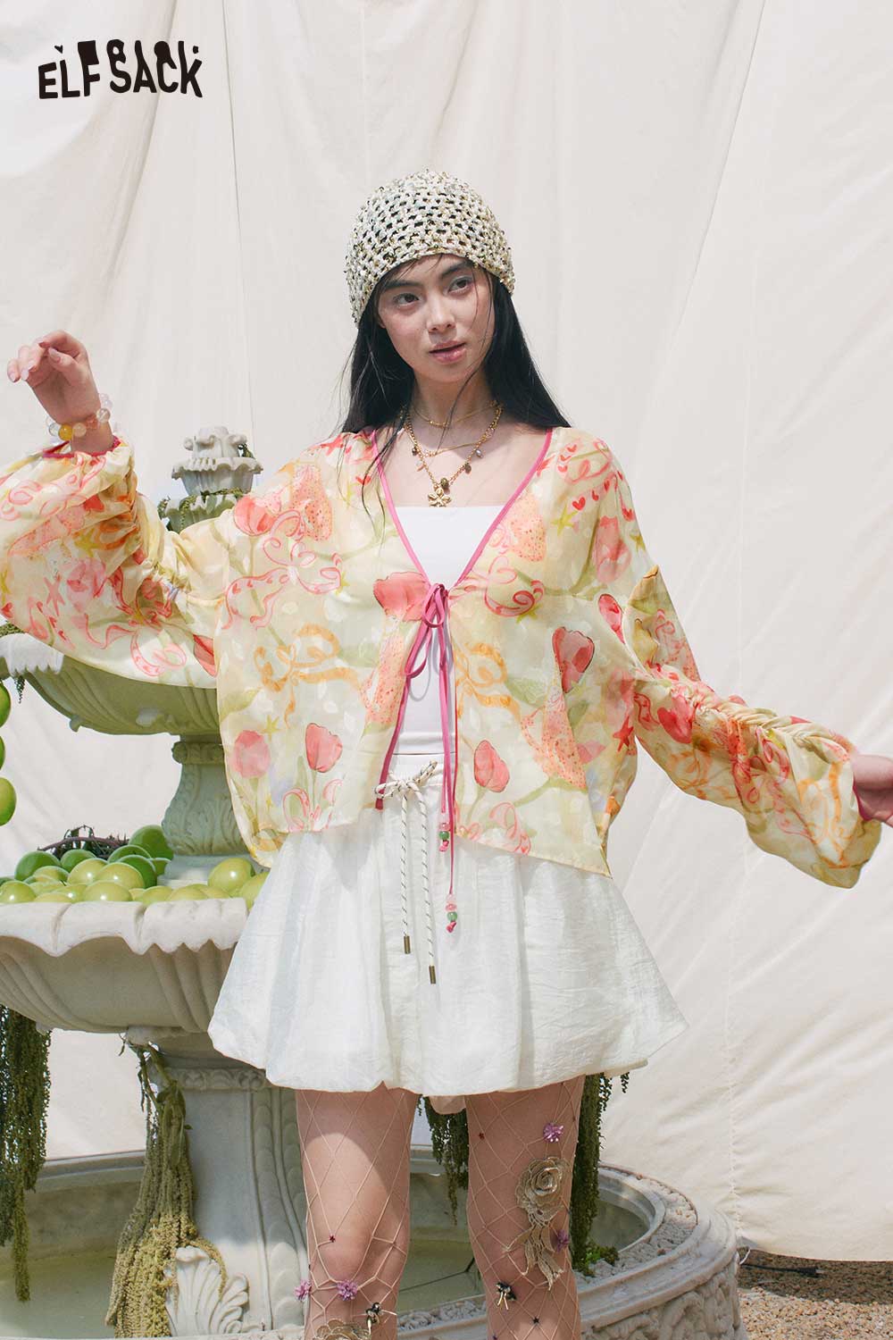 ELFSACK Floral Sheer Lantern Sleeve Kimono
