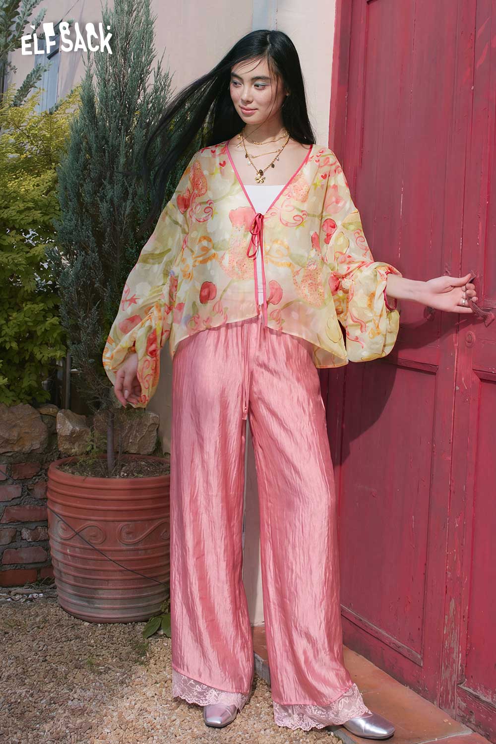 ELFSACK Floral Sheer Lantern Sleeve Kimono