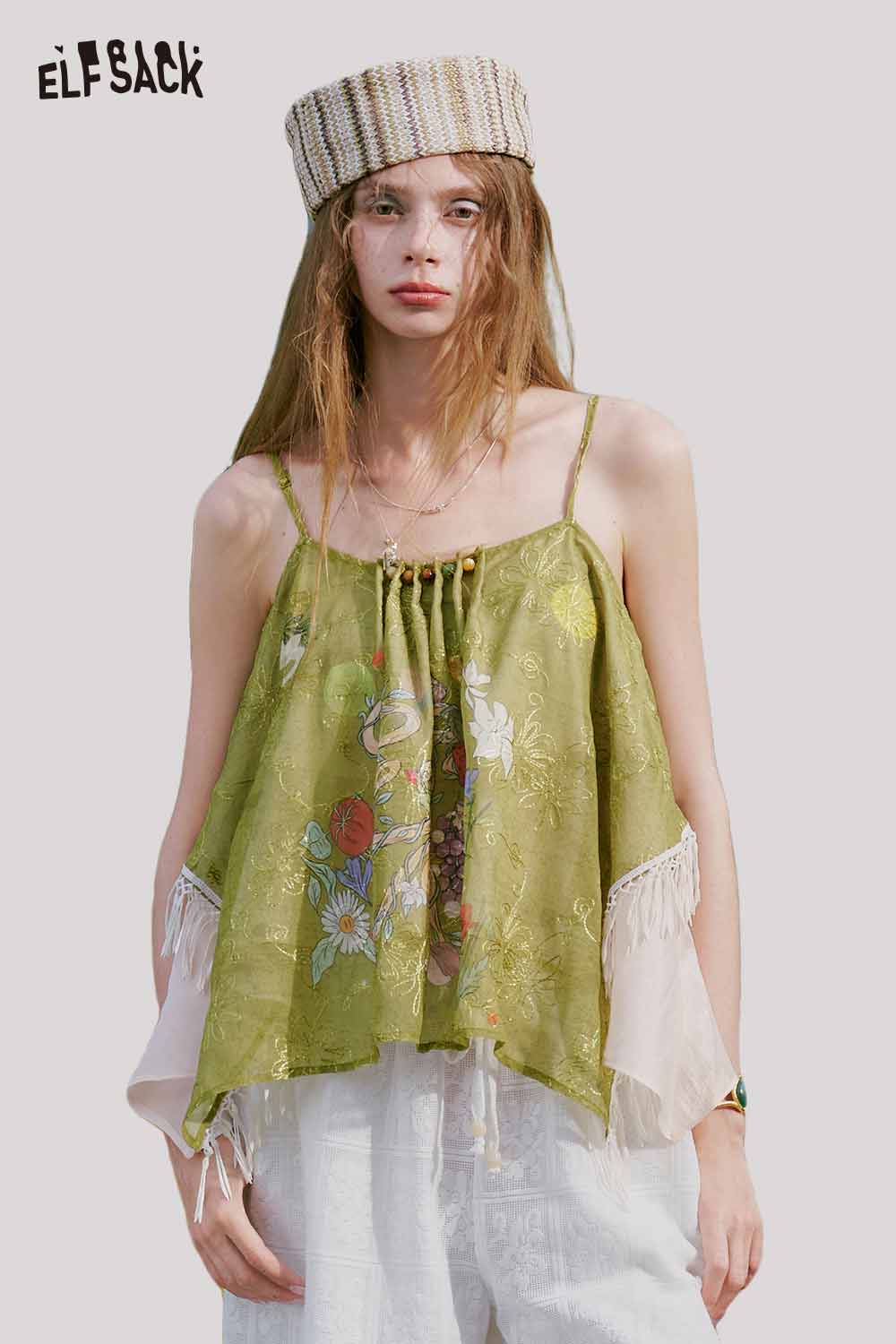 ELFSACK Floral Snake Fringe Irregular Cami Top