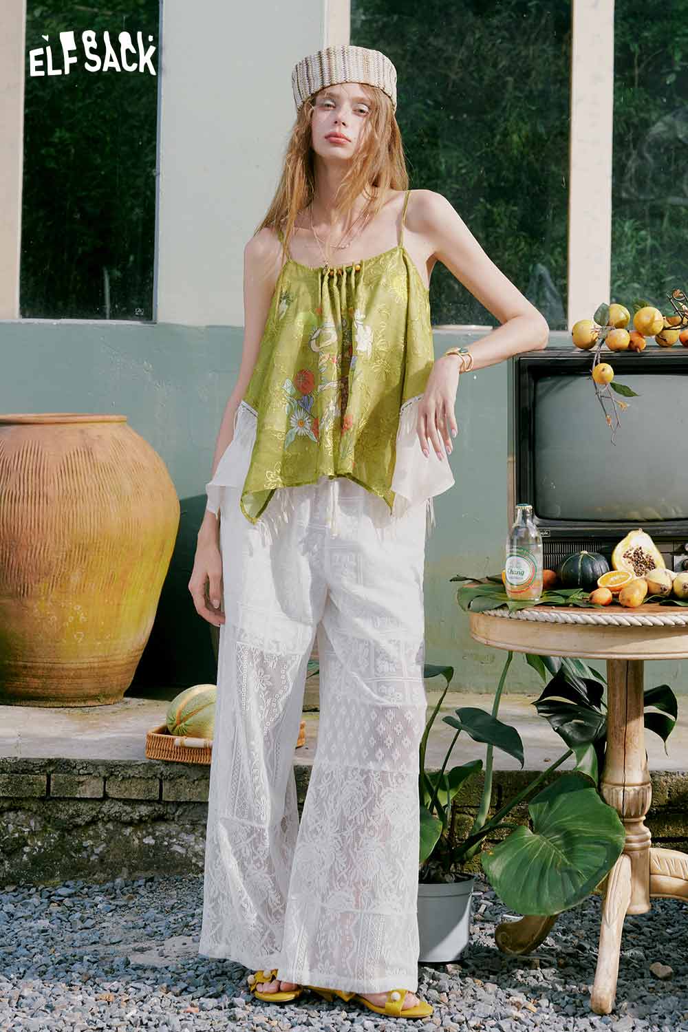 ELFSACK Floral Snake Fringe Irregular Cami Top