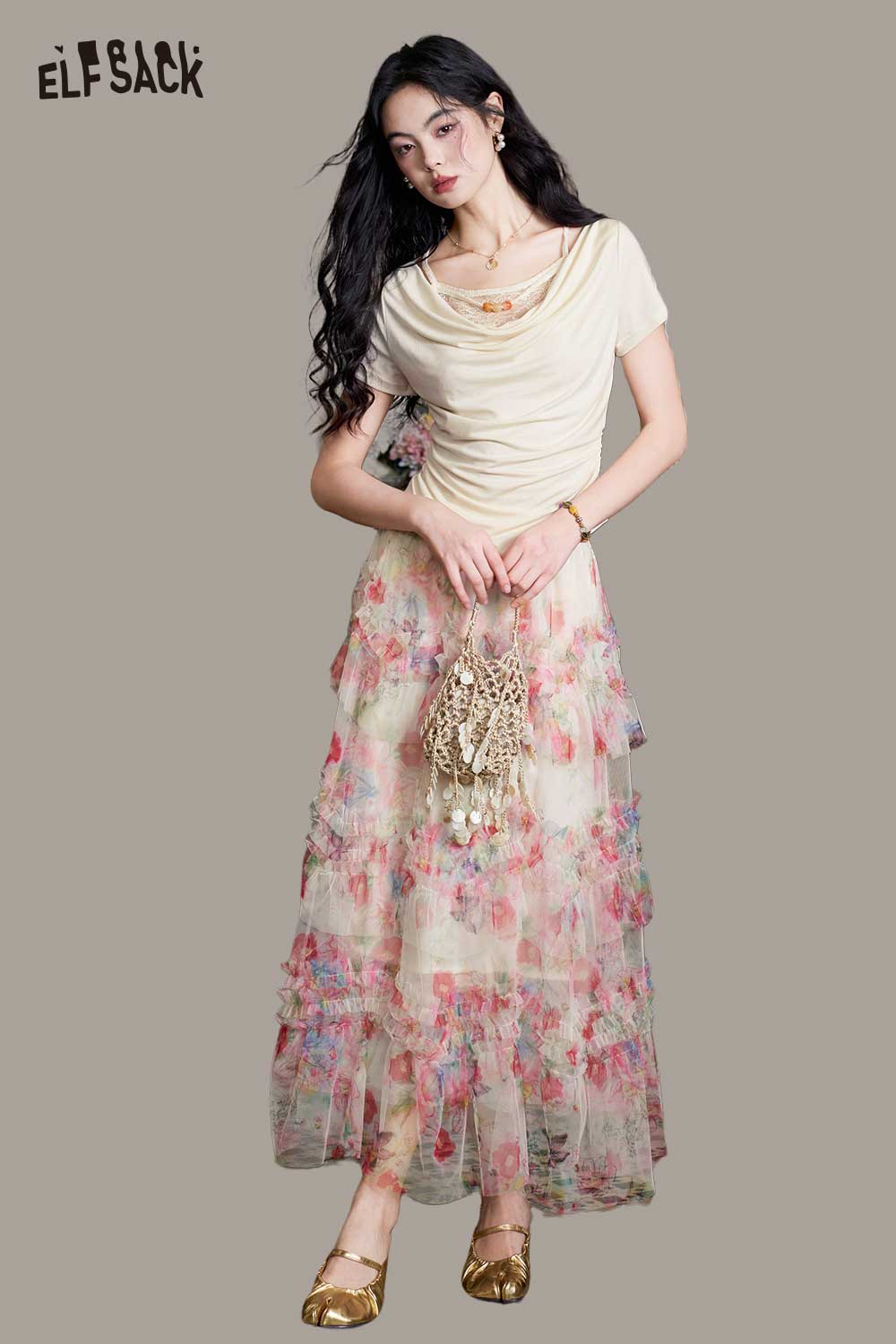 ELFSACK Floral Tiered Chiffon Maxi Skirt