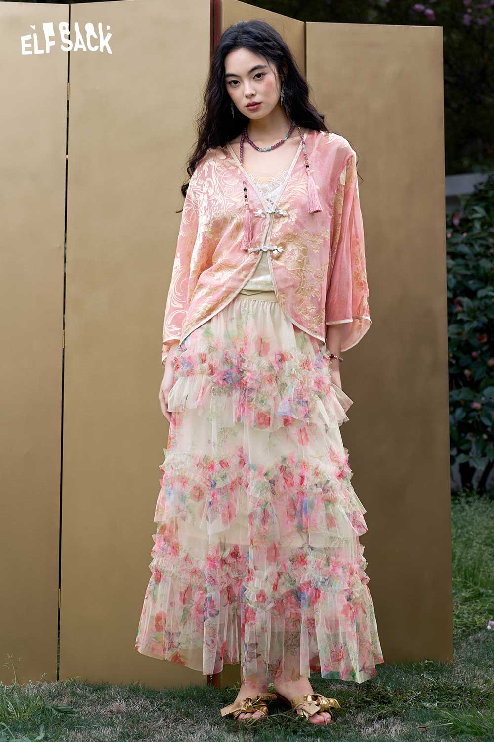 ELFSACK Floral Tiered Chiffon Maxi Skirt