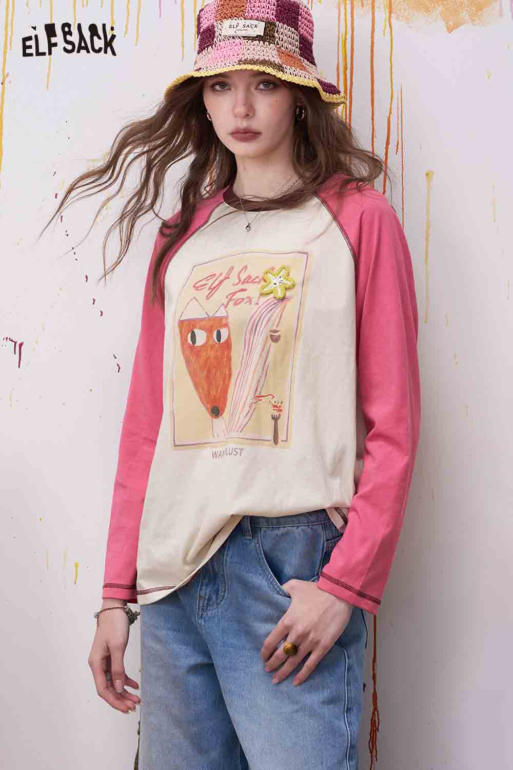 ELFSACK Fox Print Raglan Sleeve Long Sleeve Tee