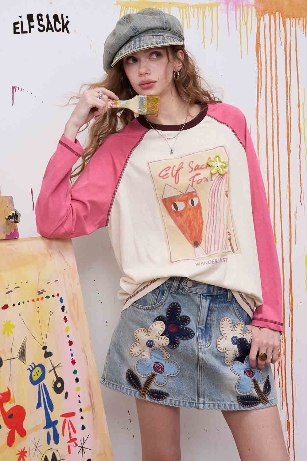 ELFSACK Fox Print Raglan Sleeve Long Sleeve Tee