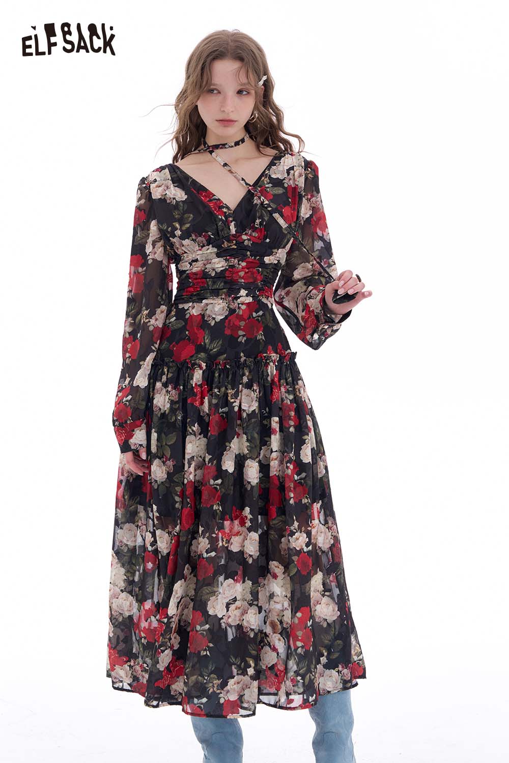 ELFSACK French Floral V Neck Slim Waist Elegant Bodycon Dress