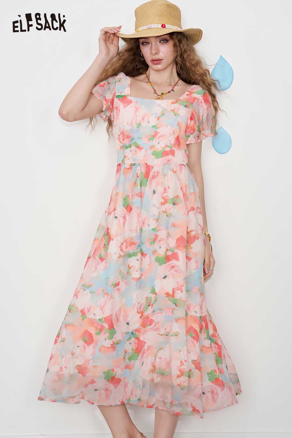 ELFSACK French Ruffle Trim Short Sleeve Square Neck Floral Print Dress