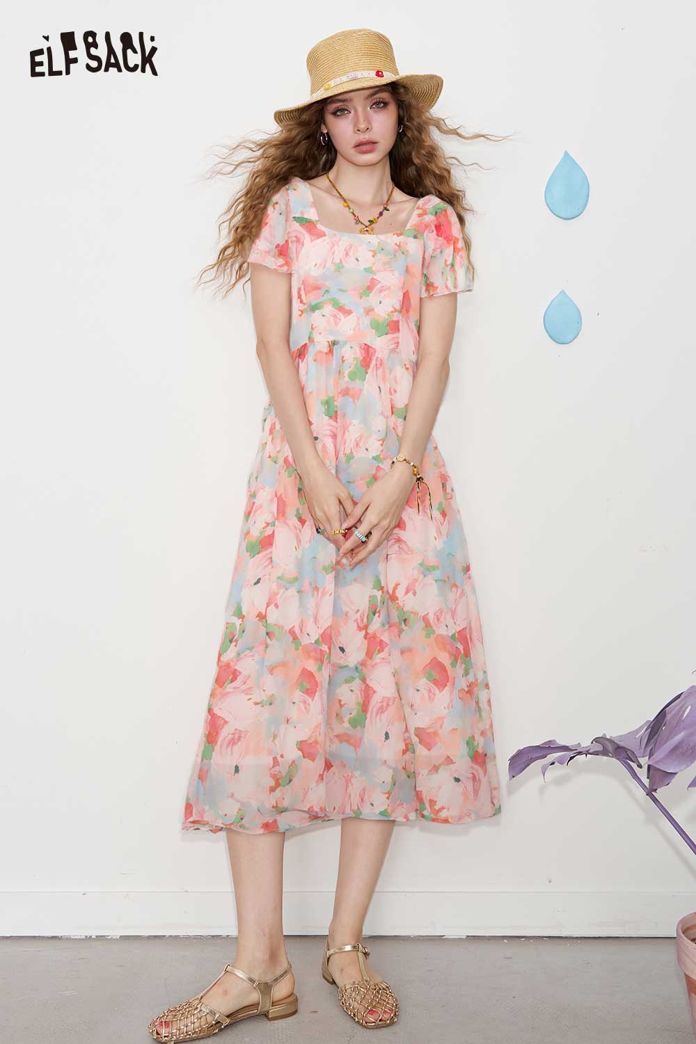 ELFSACK French Ruffle Trim Short Sleeve Square Neck Floral Print Dress