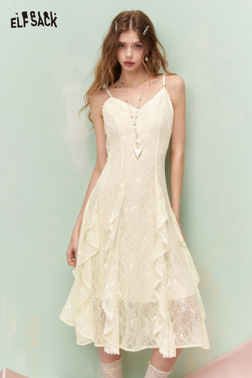 ELFSACK French Soft Lace Asymmetrical Ruffle Sleeveless Dress