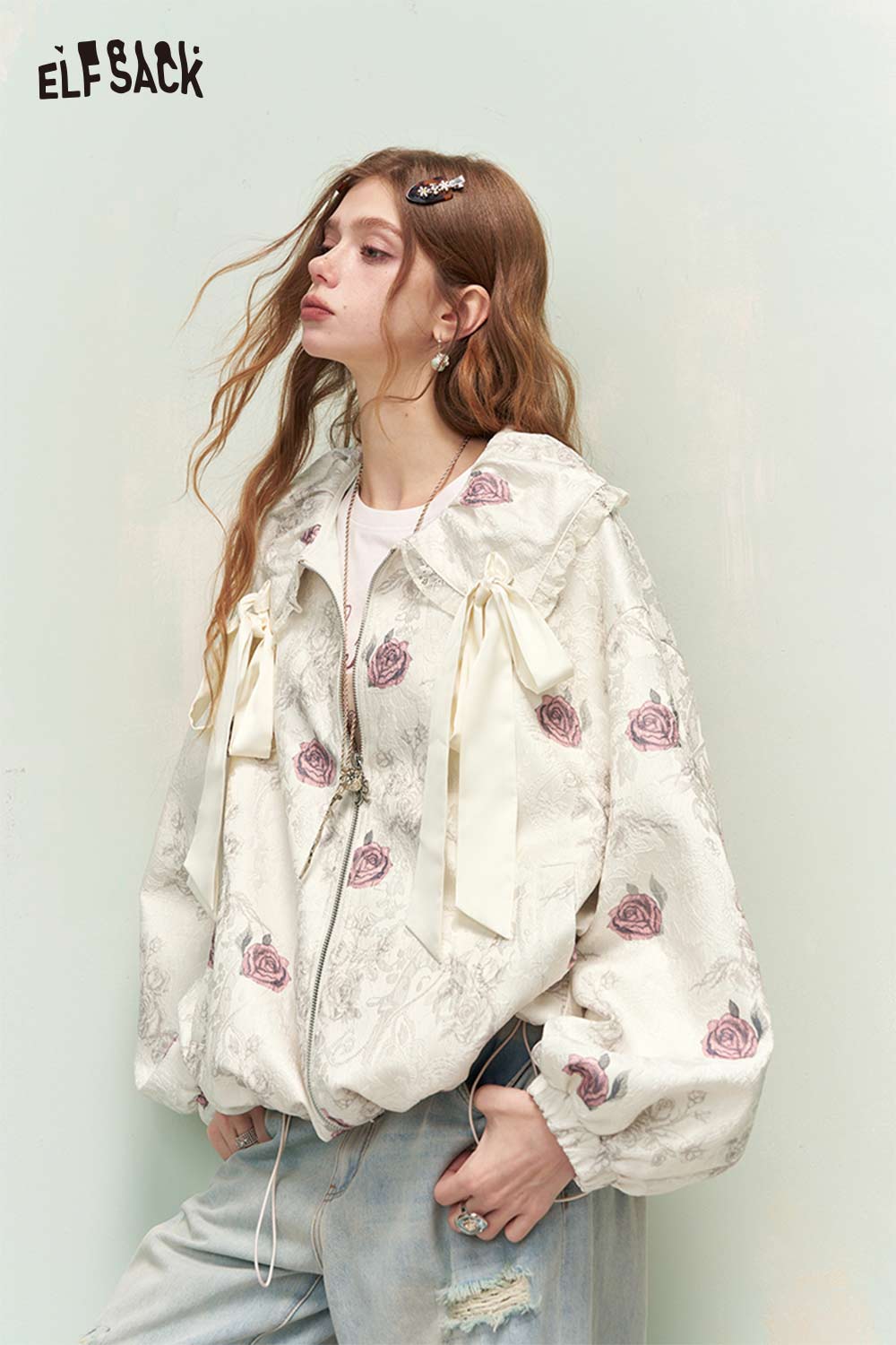ELFSACK French Sweet Girly Rose Jacquard Bow Ruffle Lapel Jacket