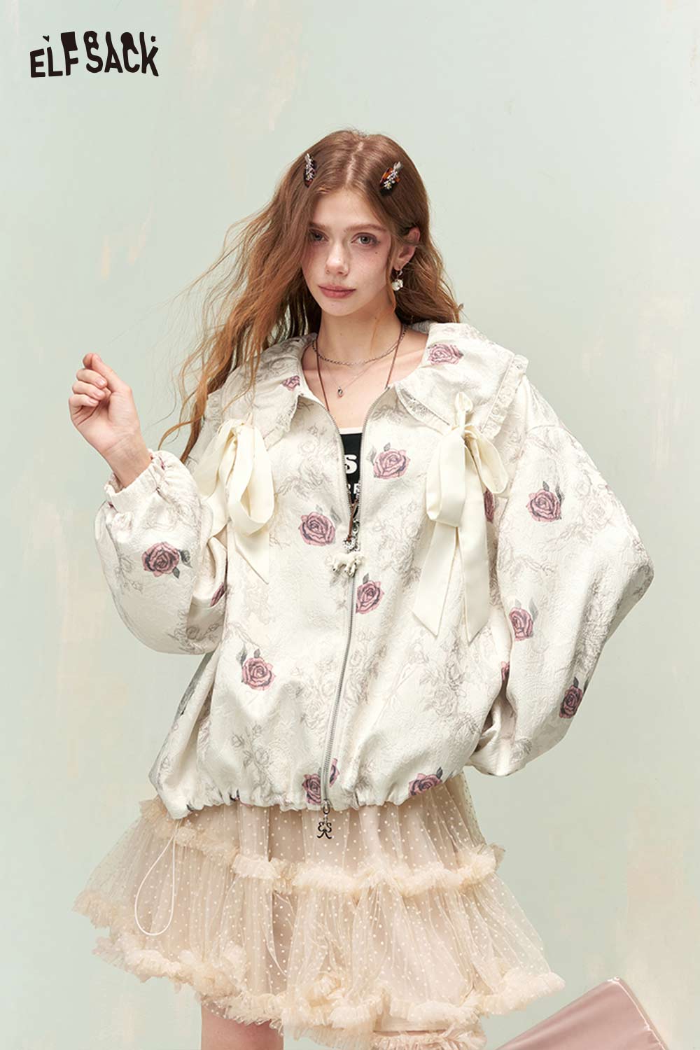 ELFSACK French Sweet Girly Rose Jacquard Bow Ruffle Lapel Jacket