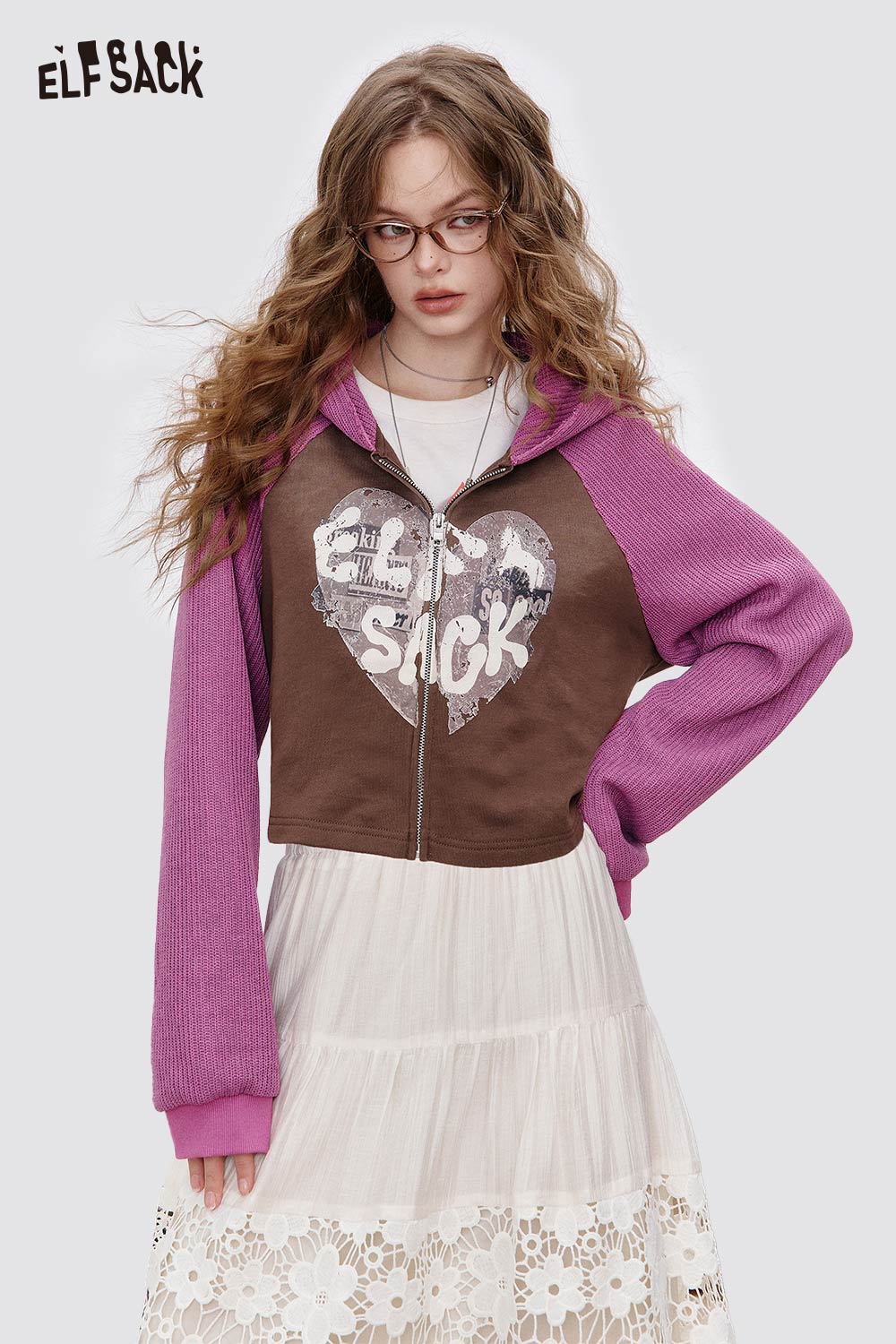 ELFSACK French Terry Fabric Contrast Color Panel Hooded Cropped Zip Front Sweatshirt