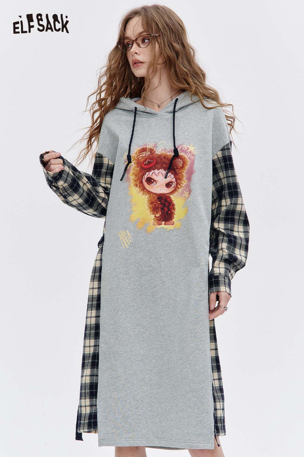 ELFSACK French Terry Fabric Hooded Dress with Cartoon Graphics and Plaid Panels