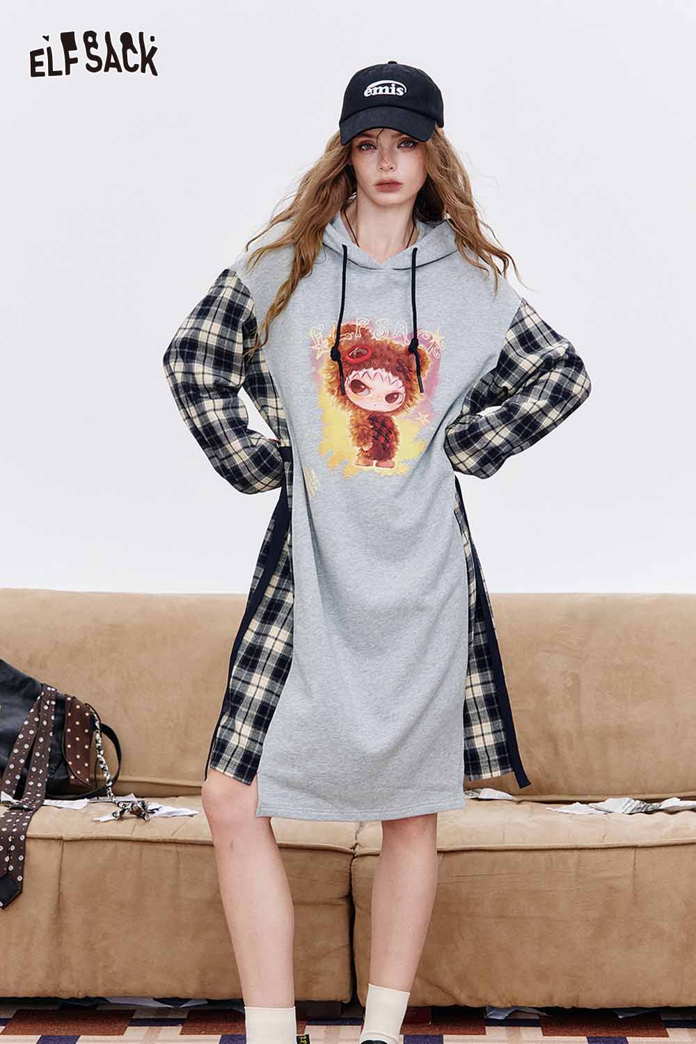ELFSACK French Terry Fabric Hooded Dress with Cartoon Graphics and Plaid Panels