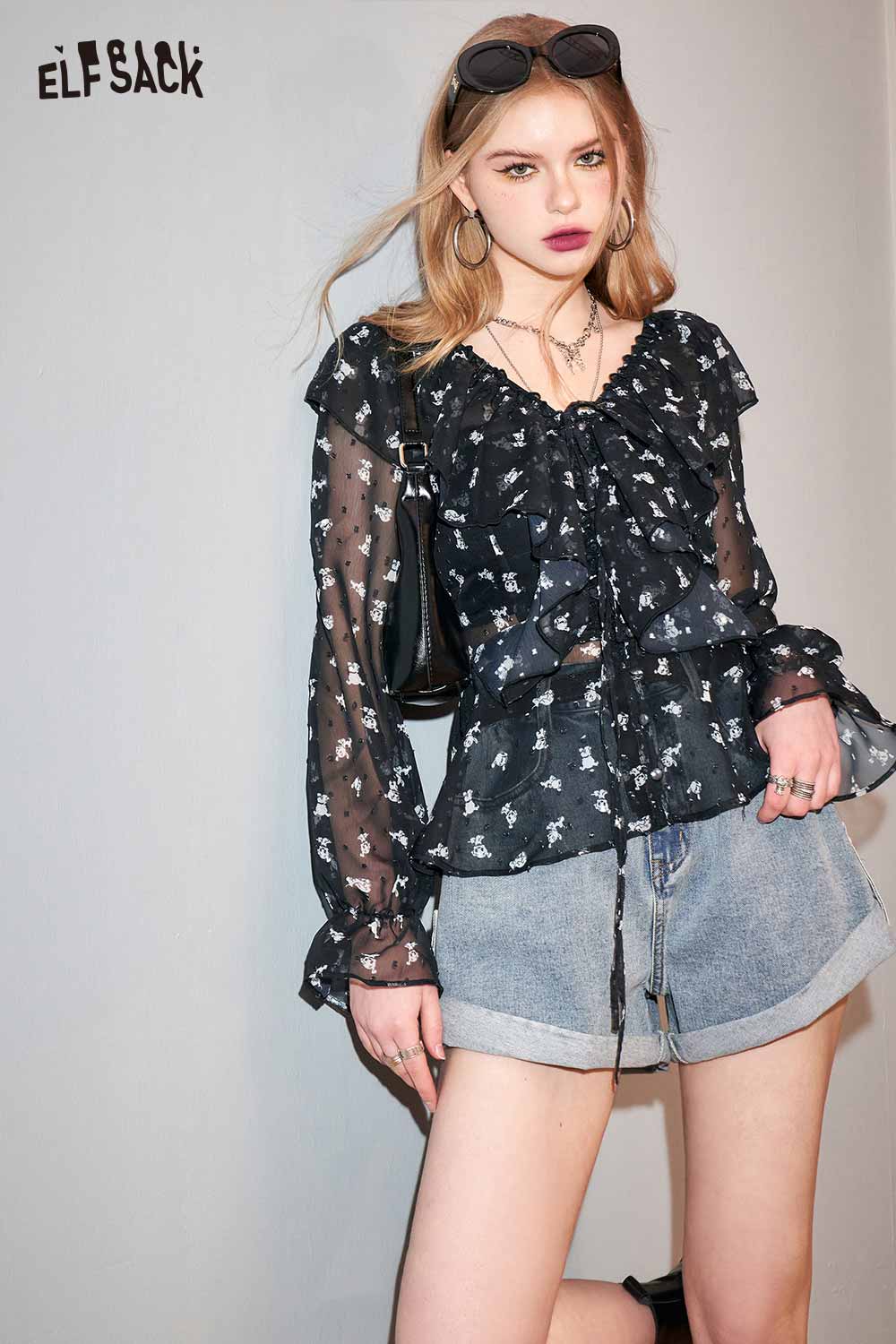 ELFSACK French V Neck Black Floral Chiffon Blouse