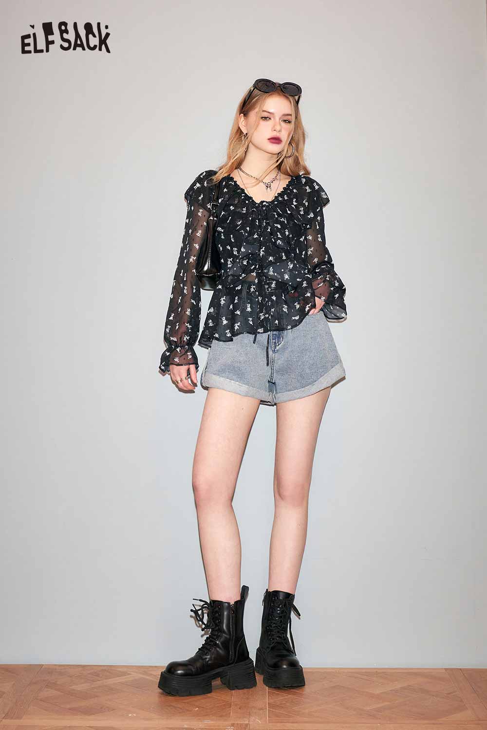 ELFSACK French V Neck Black Floral Chiffon Blouse