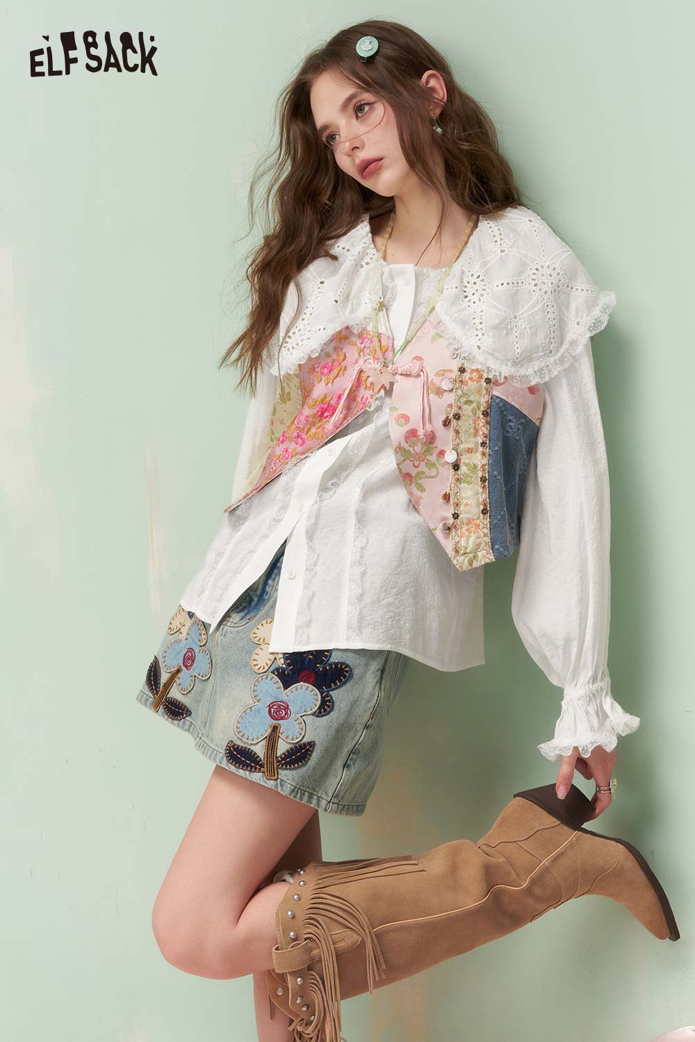 ELFSACK French Vintage Peter Pan Collar Lace Trim White Shirt