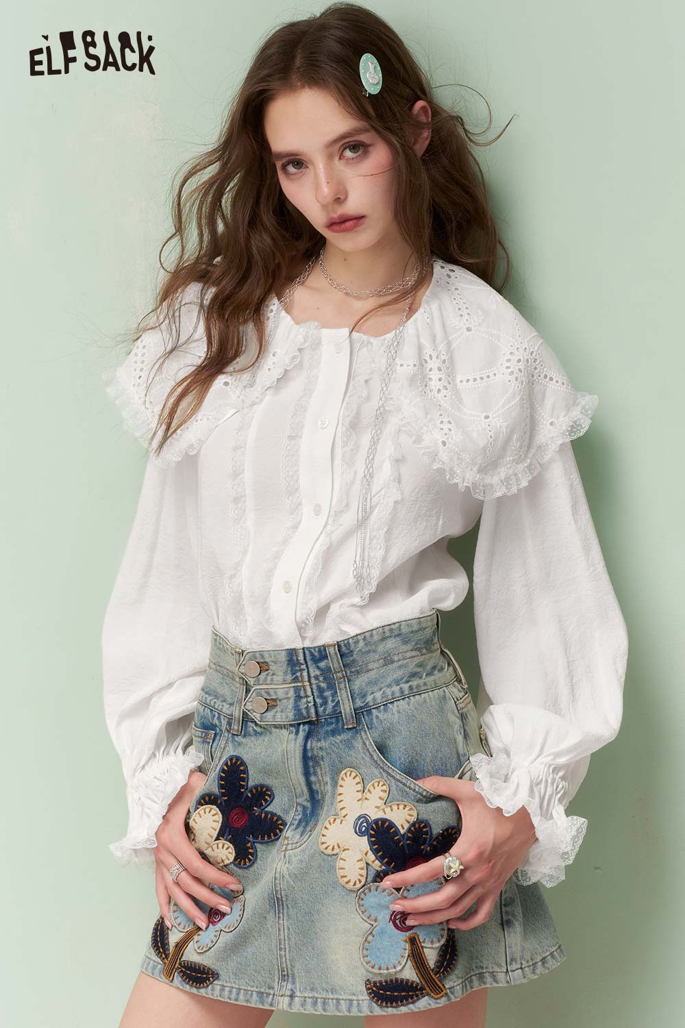 ELFSACK French Vintage Peter Pan Collar Lace Trim White Shirt