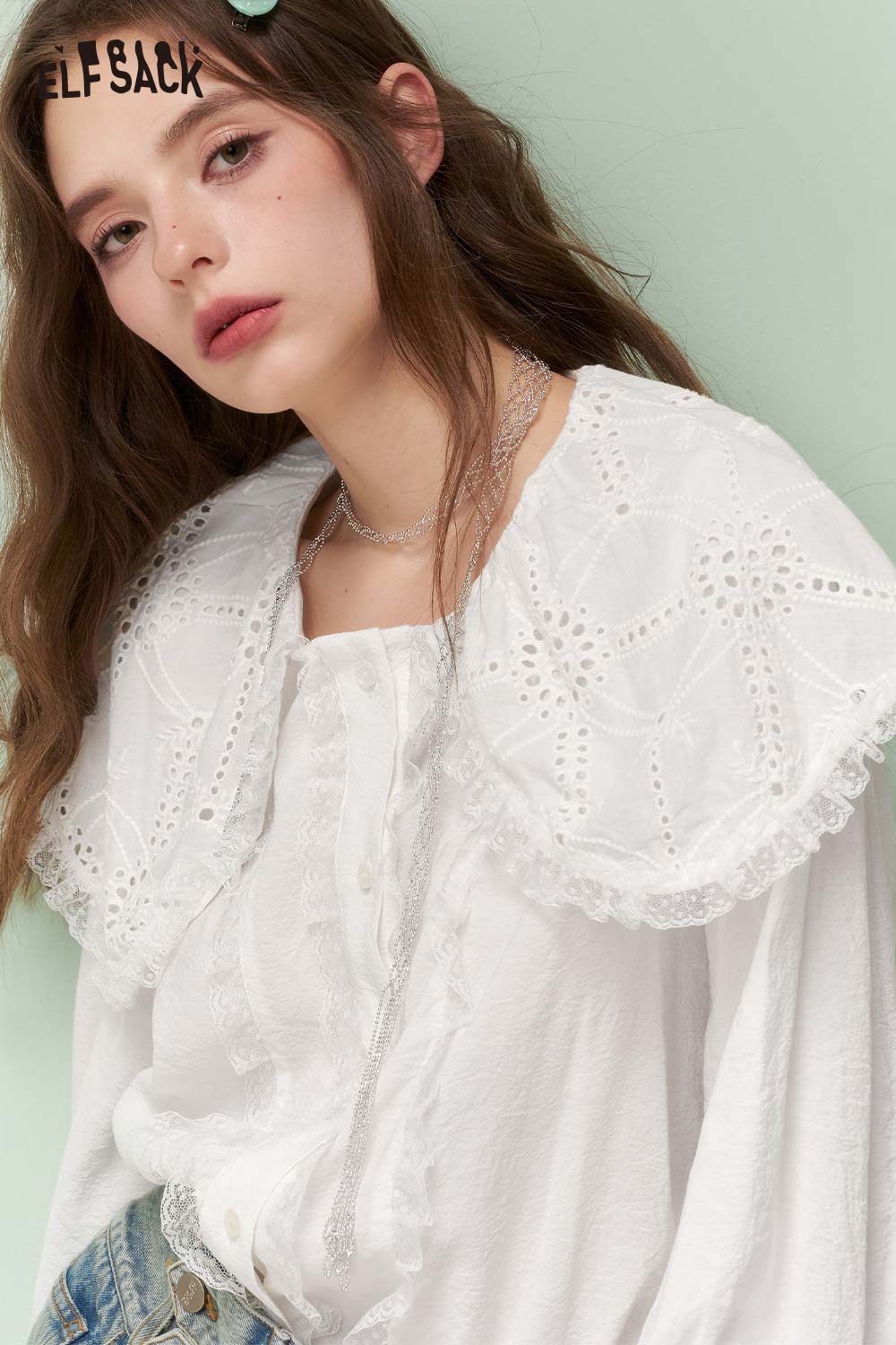 ELFSACK French Vintage Peter Pan Collar Lace Trim White Shirt