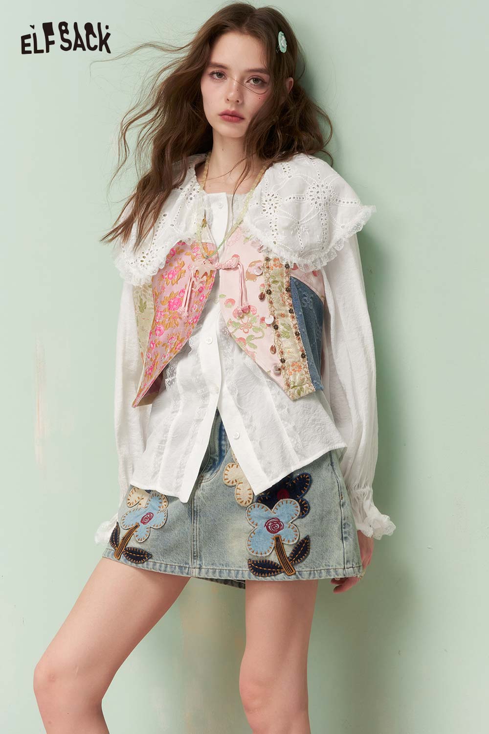 ELFSACK French Vintage Peter Pan Collar Lace Trim White Shirt
