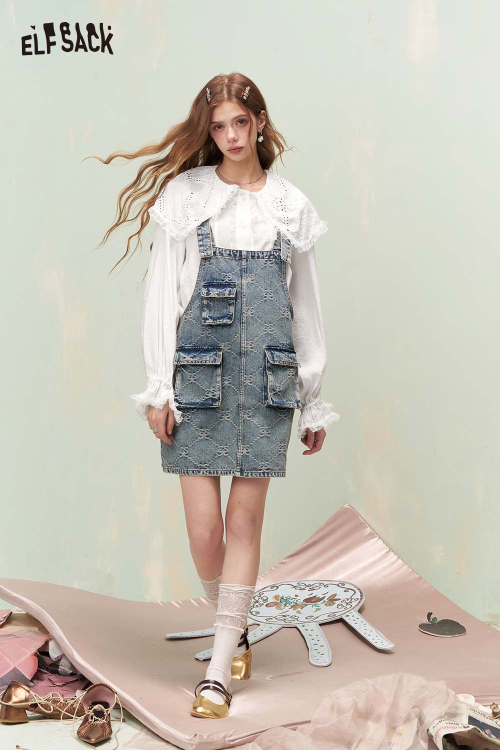 ELFSACK French Vintage Peter Pan Collar Lace Trim White Shirt