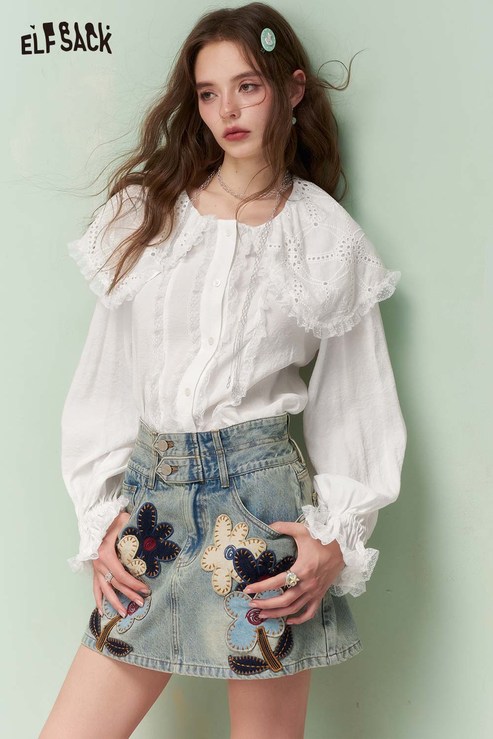 ELFSACK French Vintage Peter Pan Collar Lace Trim White Shirt