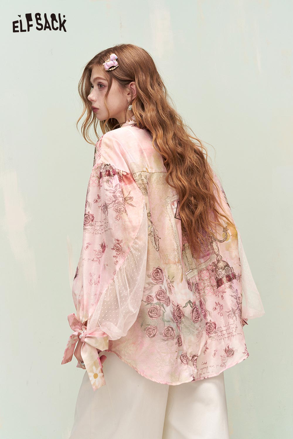 ELFSACK French Vintage Rose Print Mesh Bow Long Sleeve Shirt