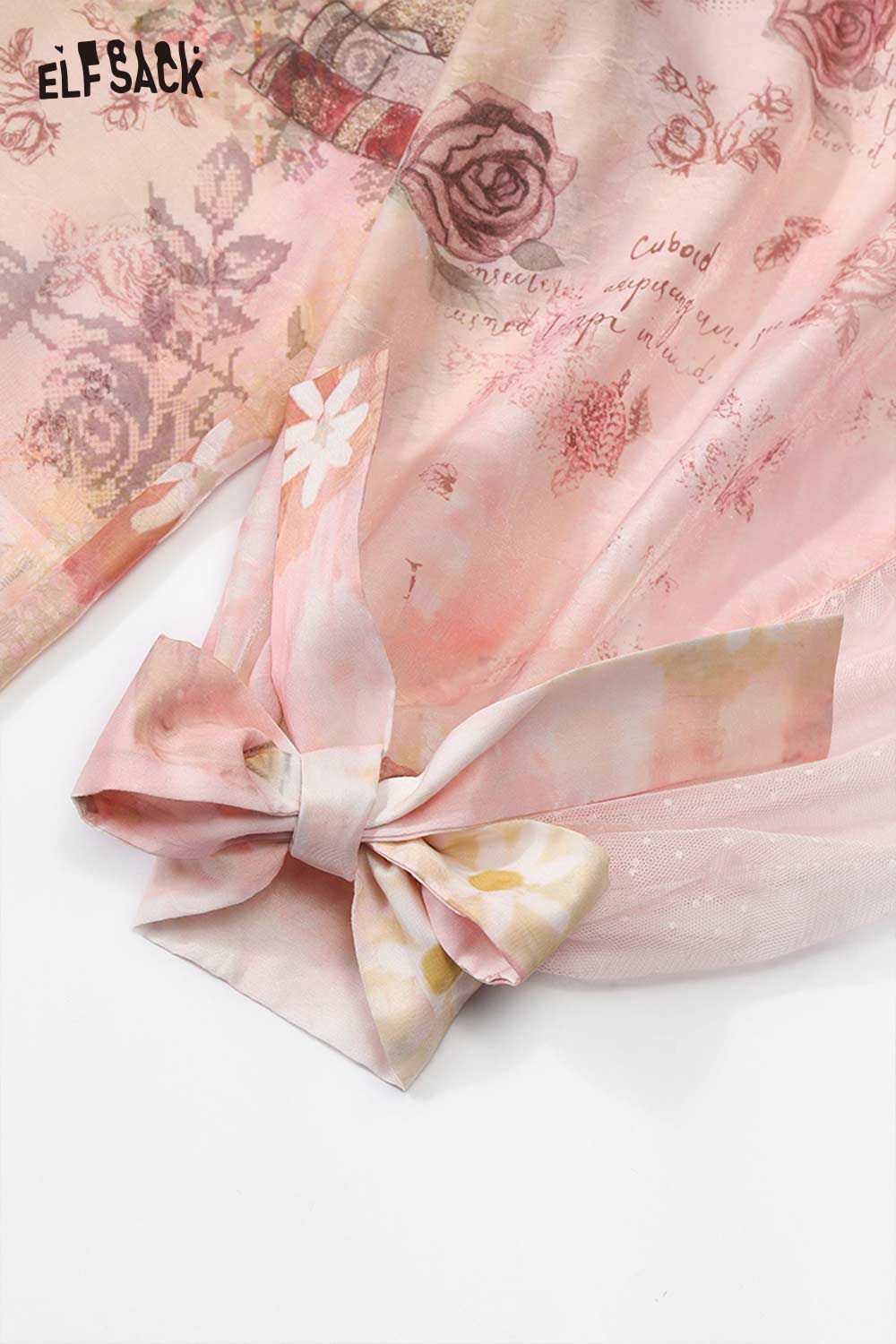 ELFSACK French Vintage Rose Print Mesh Bow Long Sleeve Shirt