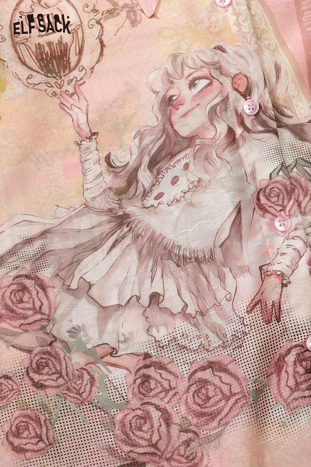 ELFSACK French Vintage Rose Print Mesh Bow Long Sleeve Shirt