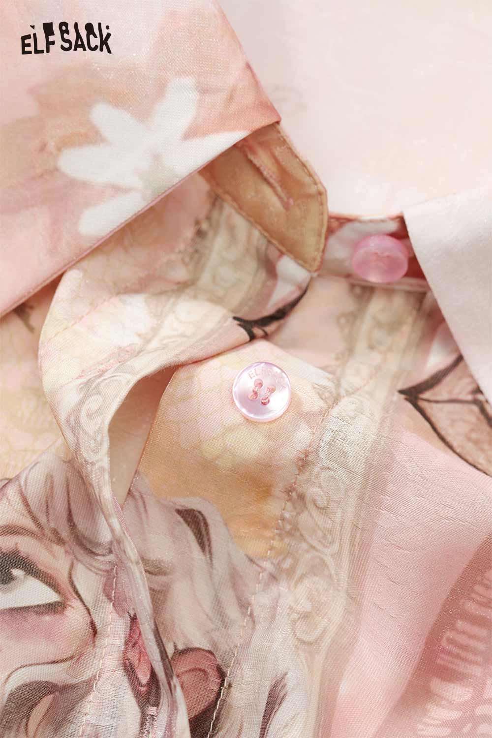 ELFSACK French Vintage Rose Print Mesh Bow Long Sleeve Shirt