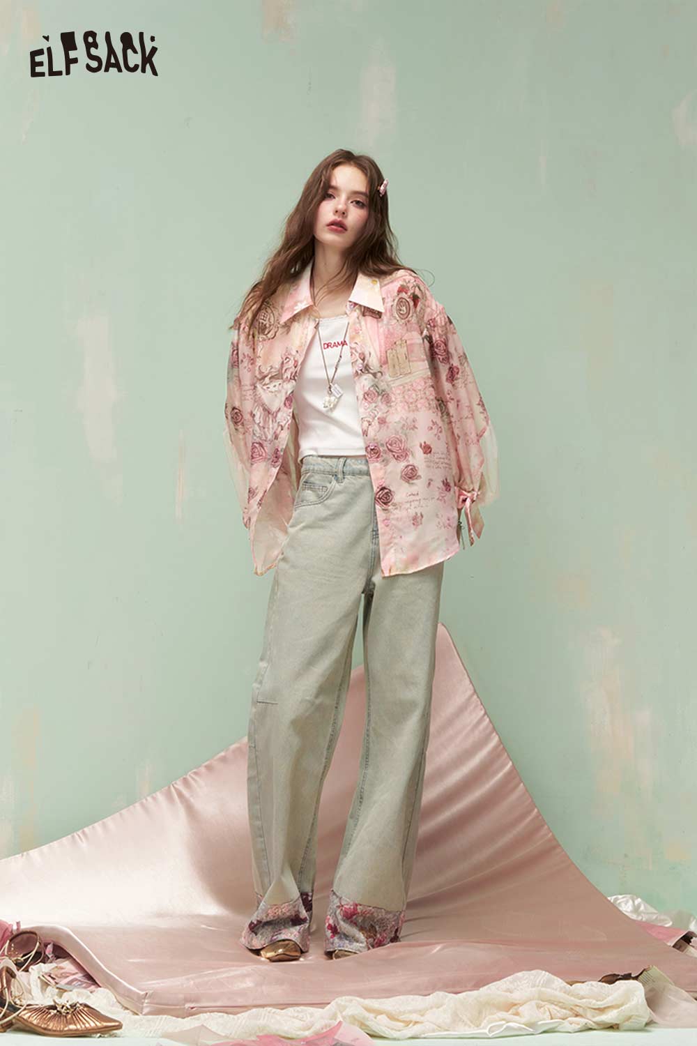 ELFSACK French Vintage Rose Print Mesh Bow Long Sleeve Shirt
