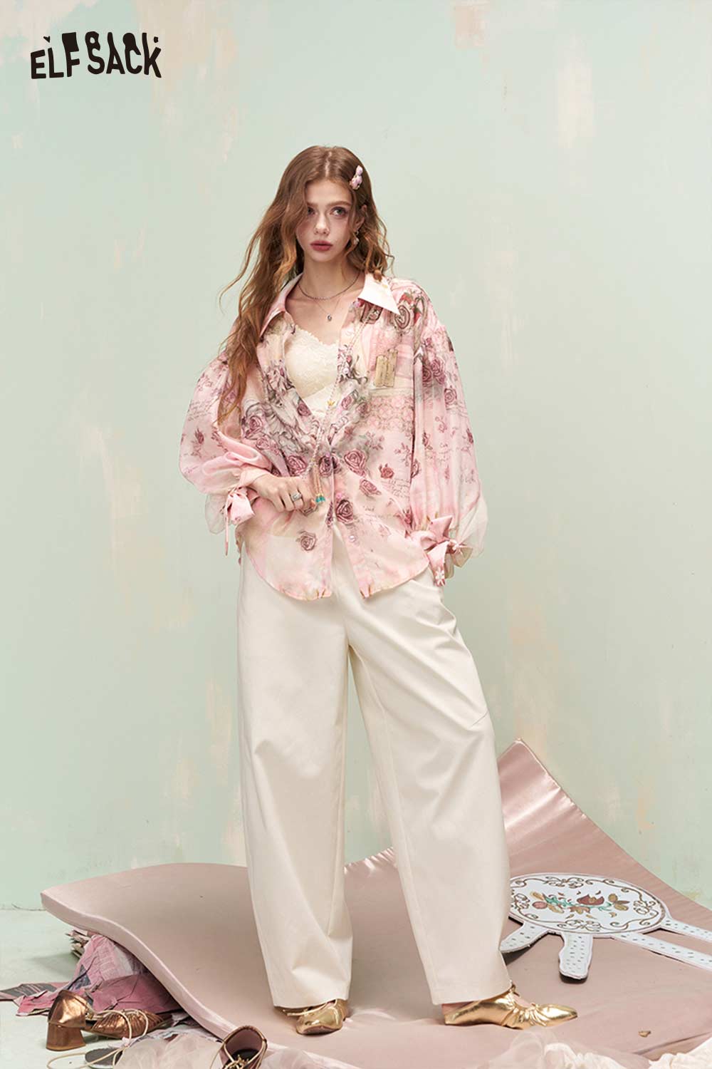 ELFSACK French Vintage Rose Print Mesh Bow Long Sleeve Shirt