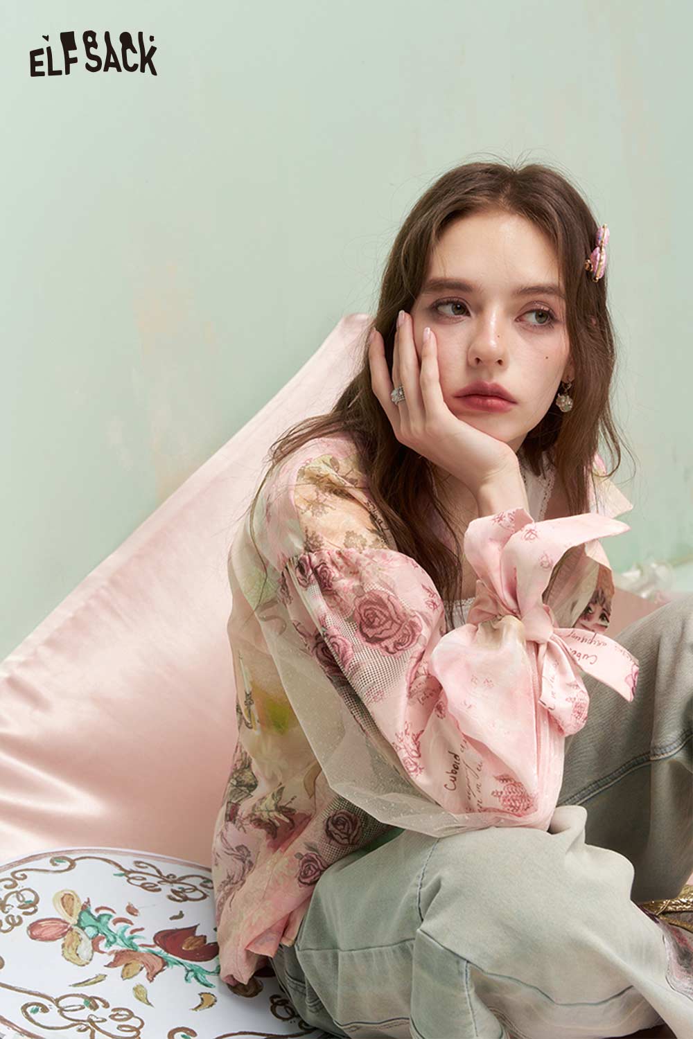 ELFSACK French Vintage Rose Print Mesh Bow Long Sleeve Shirt