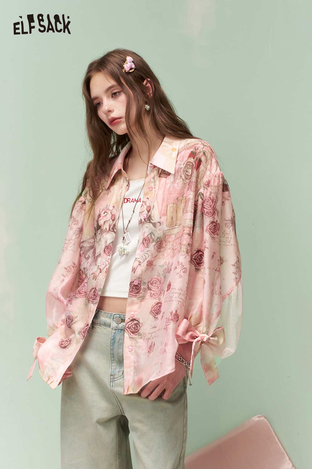ELFSACK French Vintage Rose Print Mesh Bow Long Sleeve Shirt