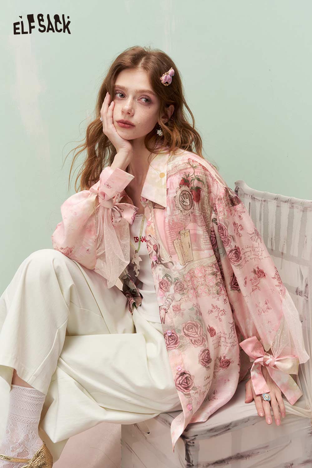 ELFSACK French Vintage Rose Print Mesh Bow Long Sleeve Shirt