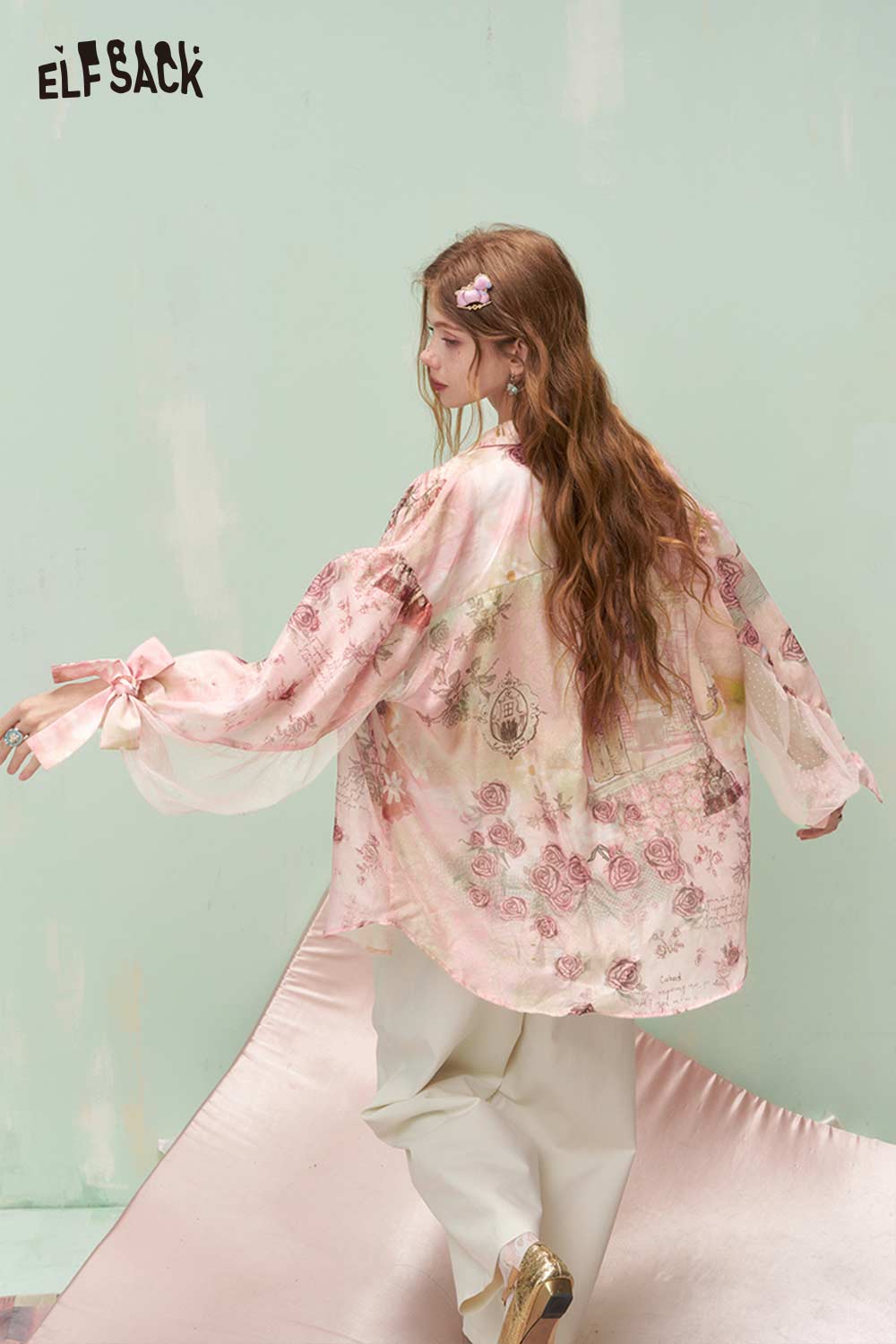ELFSACK French Vintage Rose Print Mesh Bow Long Sleeve Shirt