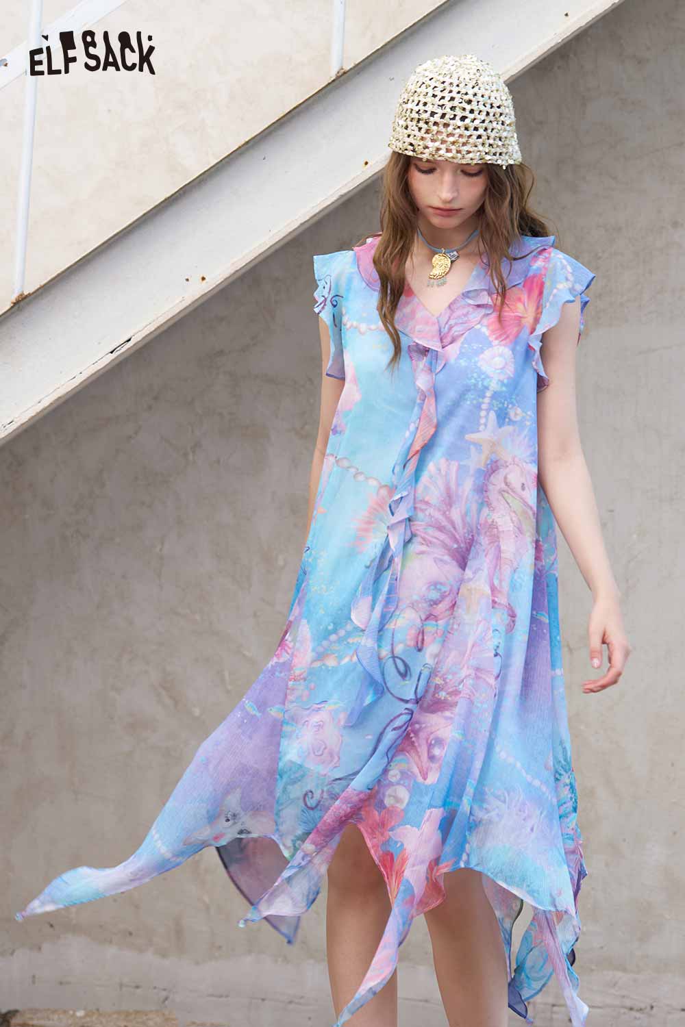 ELFSACK Fringe Floral V Neck Tulle Maxi Dress