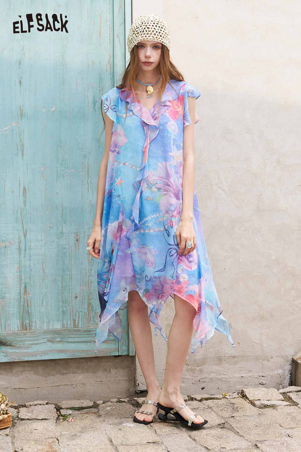 ELFSACK Fringe Floral V Neck Tulle Maxi Dress