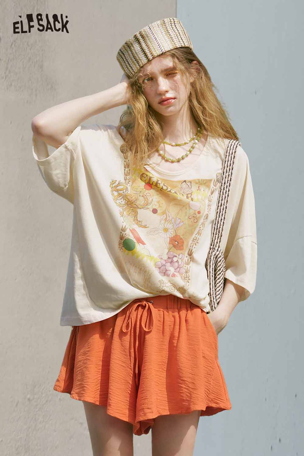 ELFSACK Fringe Frame Fruit Floral Oversized Tee