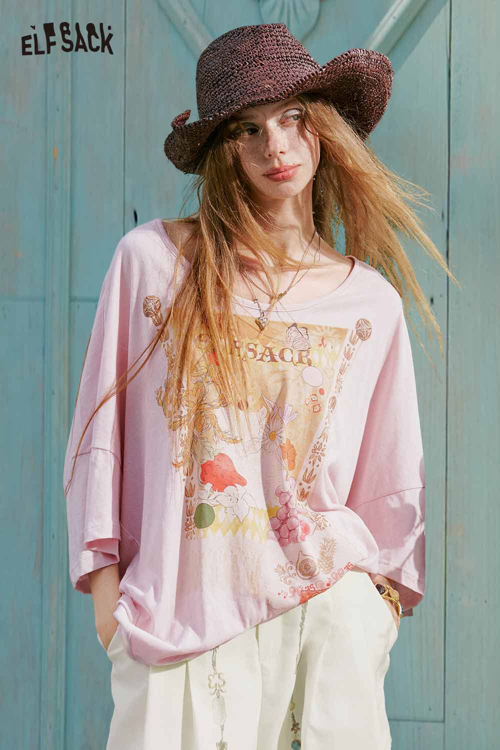 ELFSACK Fringe Frame Fruit Floral Oversized Tee