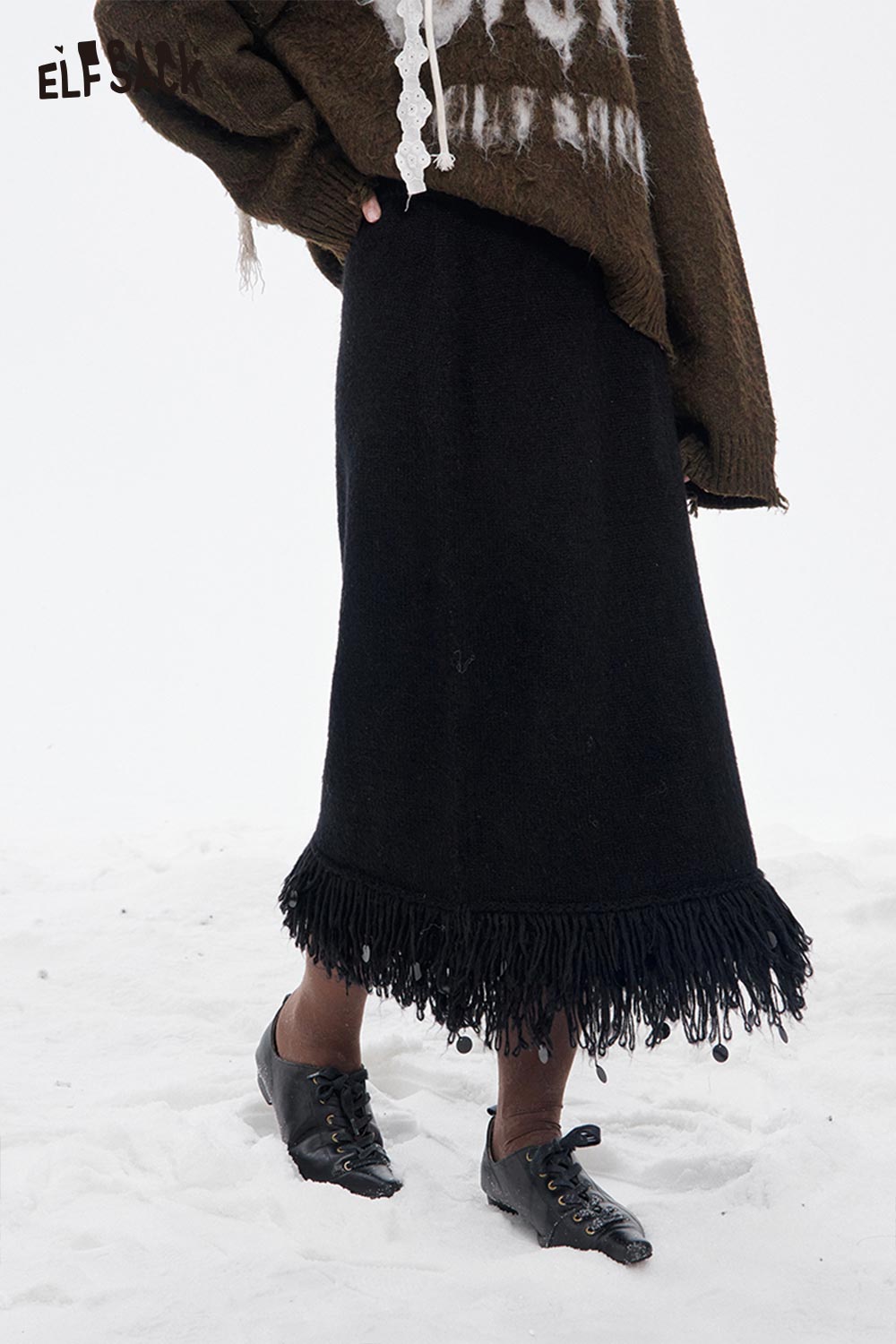 ELFSACK Soft Solid Fringe Hem A Line Long Half Skirt
