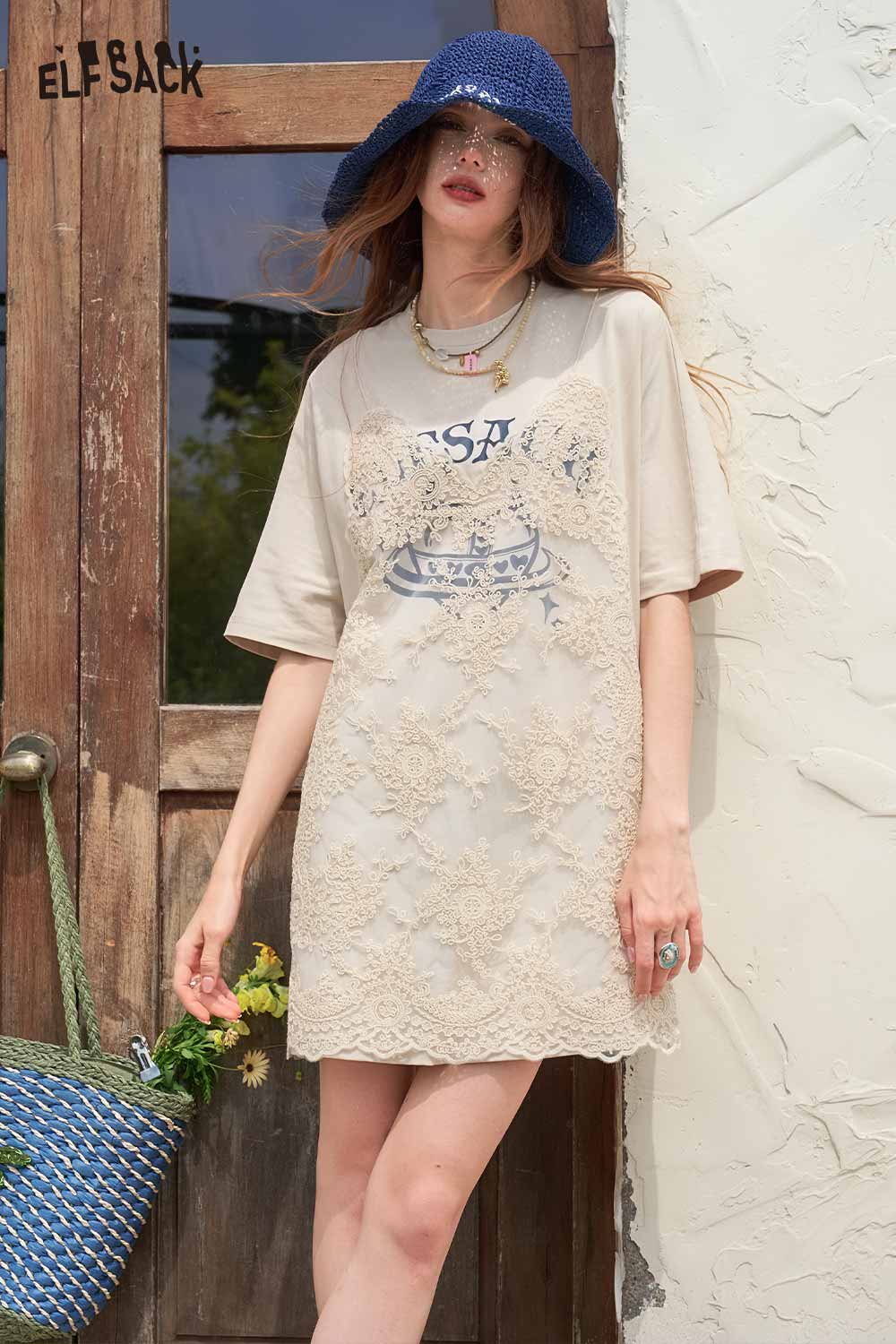 ELFSACK Front Lace Patchwork Letter Print T Shirt Dress