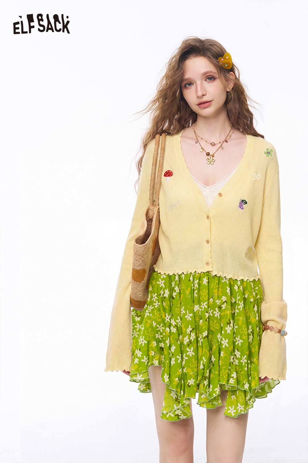 ELFSACK Fruit Embroidery Scalloped Cardigan