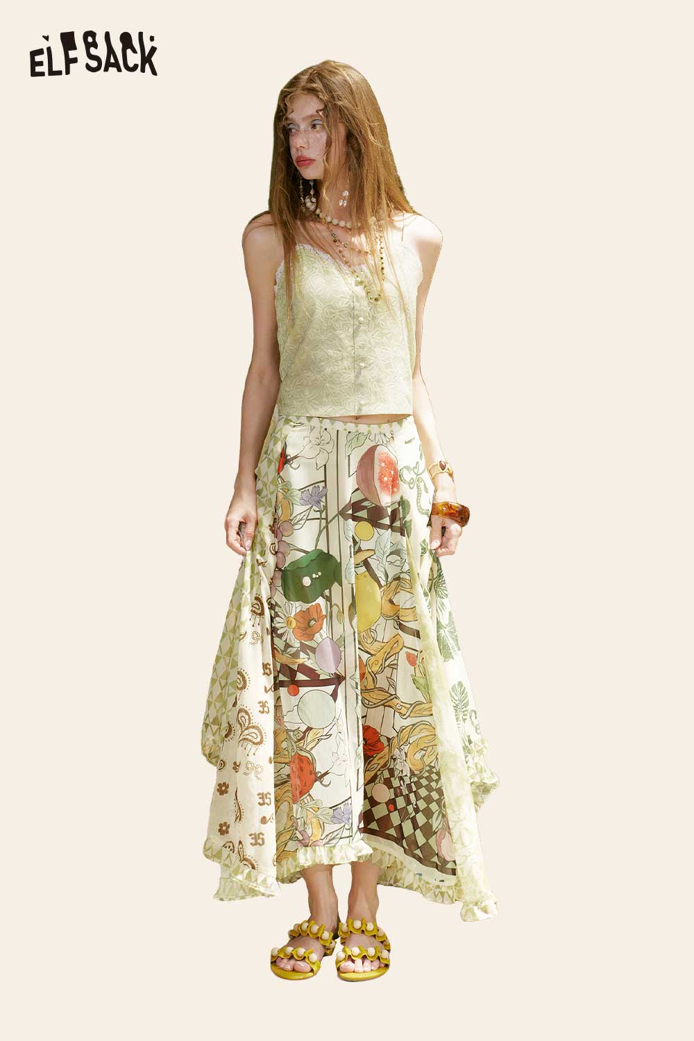 ELFSACK Fruit Floral Ruffle Midi Skirt