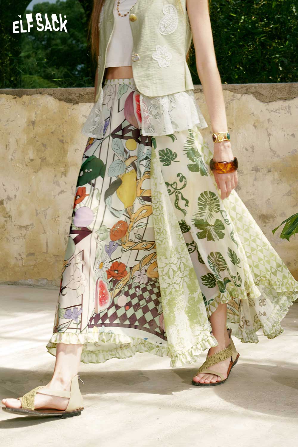 ELFSACK Fruit Floral Ruffle Midi Skirt